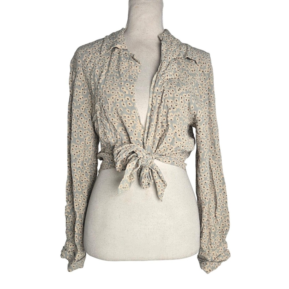 Vtg 90s y2k Marabou Whimsigoth Floral Print Feminine Long Sleeve Crop Tie‎ Top